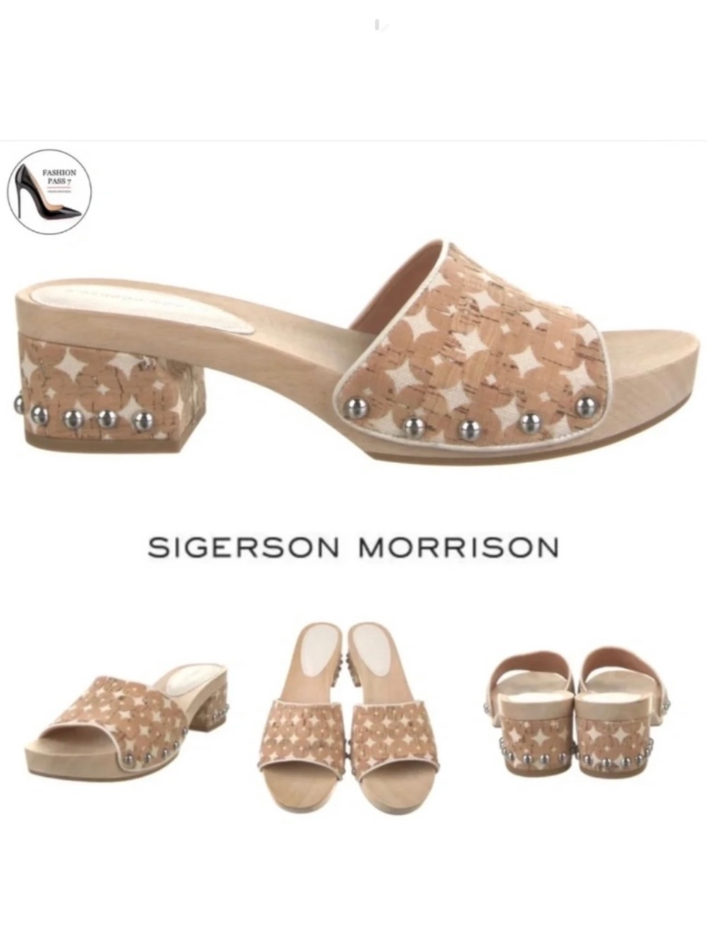 Sigerson Morrison Akira Beige Canvas Printed Slides Clogs Wooden Platform Mule 8